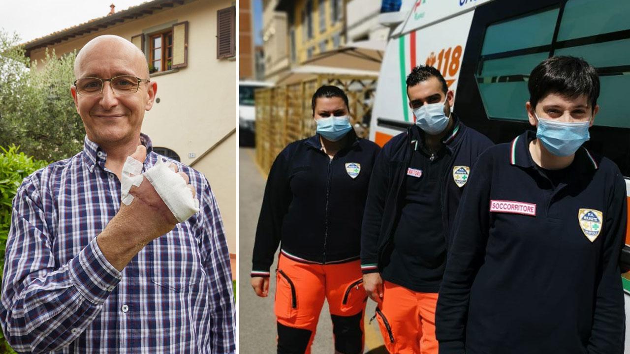 Riccardo Parra con la mano fasciata e la cicatrice. Accanto l’equipaggio della Pubblica assistenza; da sinistra Camilla Frosini, Francesco Cangiano e Alessandra Pruneti (FOTO AUTOVINO/SESTINI)