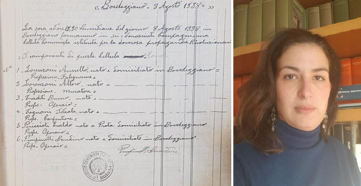A sinistra il verbale della cellula comunista di Boccheggiano del 1938 (ARCHIVIO ISGREC), a destra la direttrice dell'Istituto, Ilaria Cansella