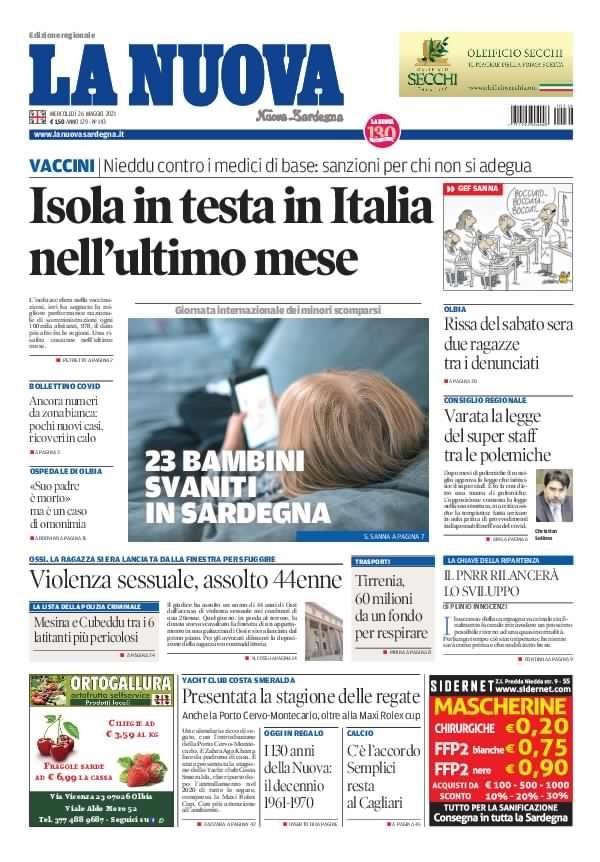 La Nuova Sardegna - Prima Pagina - 26 maggio 2021