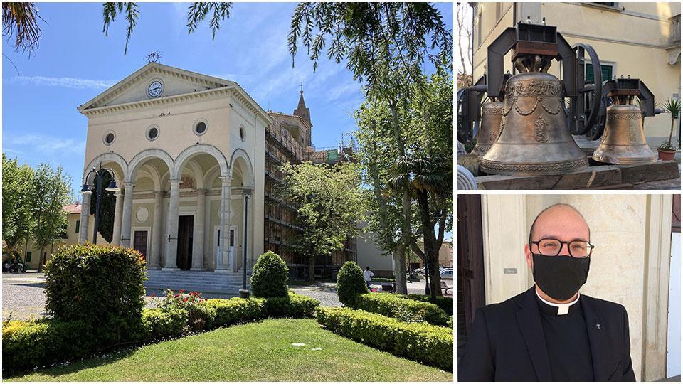 Nella foto grande la chiesa di San Leopoldo in piazza Garibaldi a Vada. A destra in alto le nuove campane nel momento in cui, lo scorso anno, furono portare a Vada e poi posizionate all’interno del campanile, sotto don Bruno Giordano, da circa un anno parroco di Vada