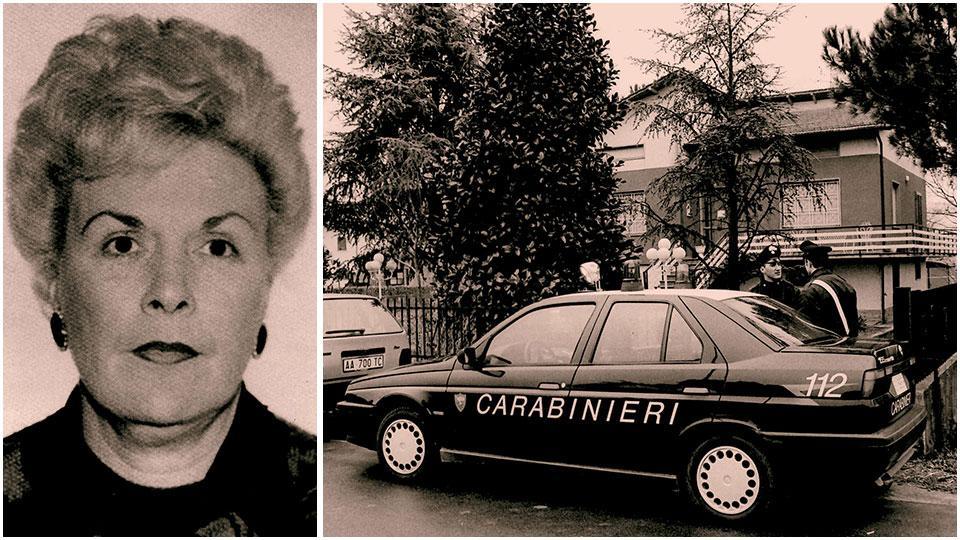 Romana Bonacchi e, a fianco, i carabinieri davanti alla sua villetta il giorno della scoperta del cadavere
