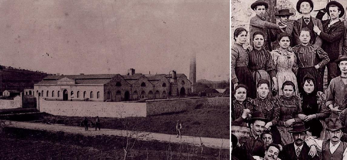 Lo stabilimento della Magona a inizio Novecento e, a destra, un gruppo di operai e di operaie della fabbrica