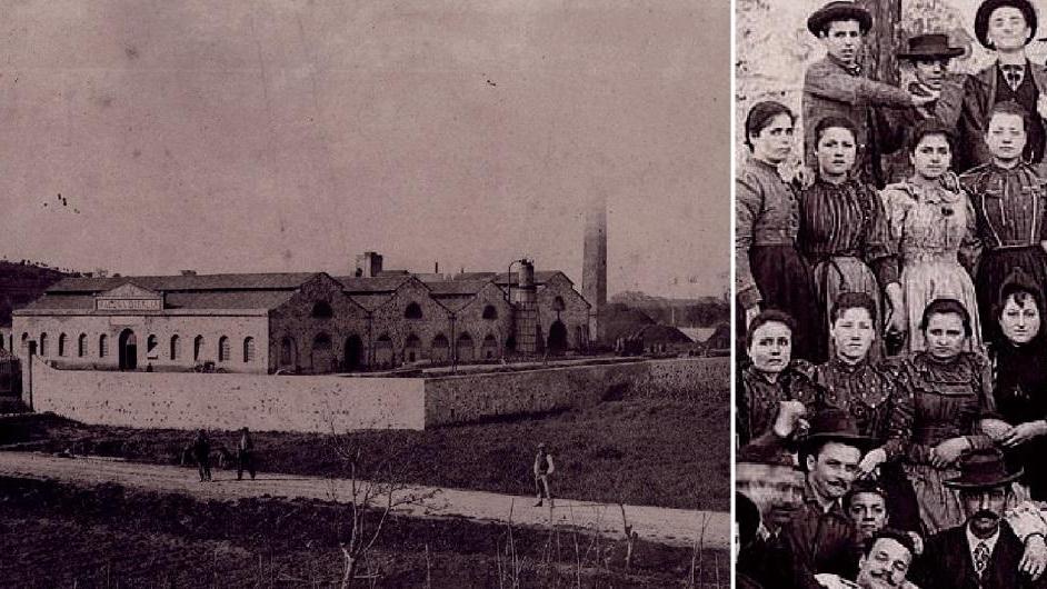 Lo stabilimento della Magona a inizio Novecento e, a destra, un gruppo di operai e di operaie della fabbrica