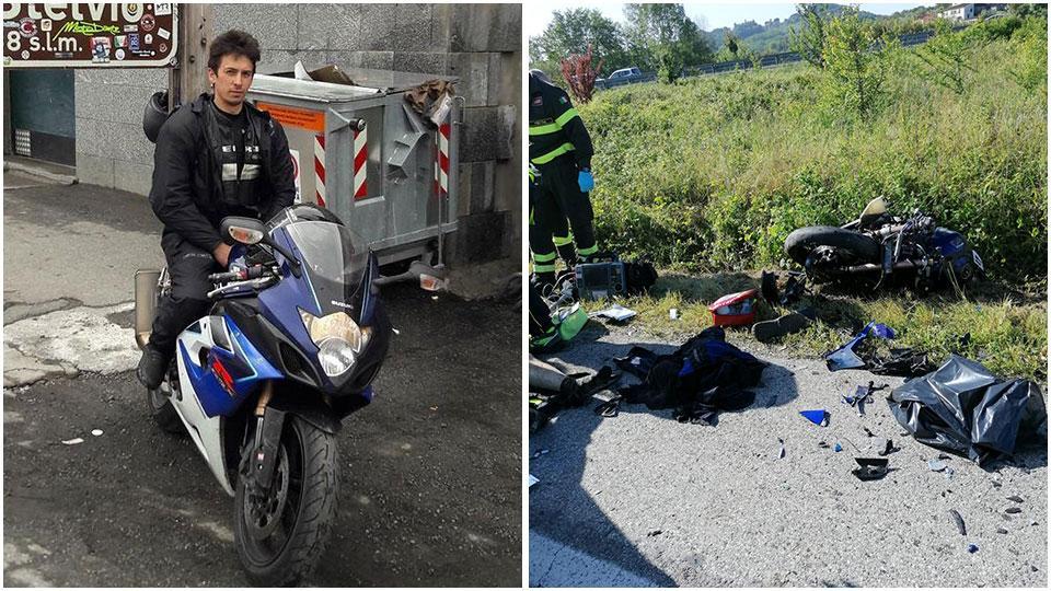 Valentino Bertocci sulla sua Suzuki R Gsx e nella foto a fianco (di Luca Sforzi) quel che restava ieri della moto dopo il tragico schianto sulla Variante di Spazzavento