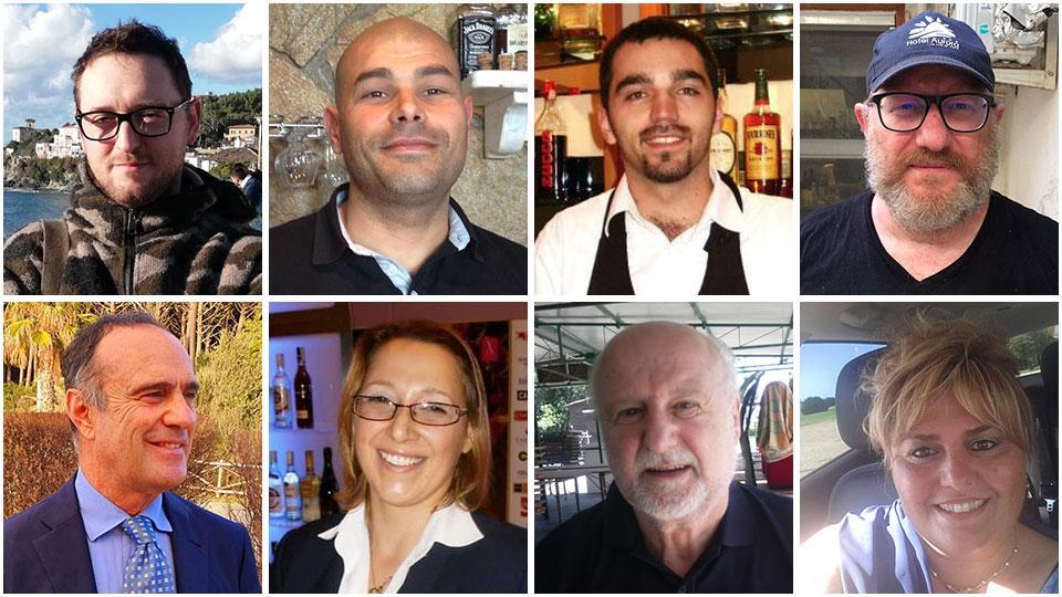 Dall’alto a sinistra, in senso orario, Gianluca Vivoli (Happy Burger), Alberto Lazzerini (Tientibene), Andrea Currao (La Meridiana), Umberto Chisci (hotel Aurora, Marina di Cecina), Barbara Alberoni (ristorante La Meloria, Cecina), Alessandro Brunetti (Aladino Works, Donoratico), Patrizia Cantarella (bar Bisori , Marina di Cecina), Alberto Nencetti (Ippocampo, Le Gorette)