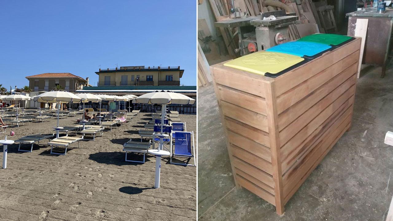 Uno stabilimento balneare di Marina di Cecina e, a fianco, il modello di cassonetto schermato per i rifiuti da utilizzare nei bagni per la differenziata