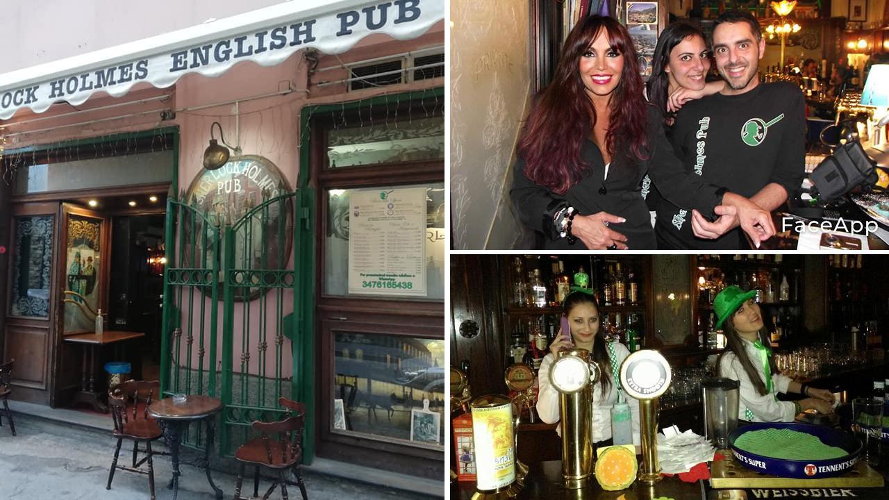 Nelle foto il caratteristico ingresso del locale di via Ducceschi . A fianco, da sinistra, Liza Lipari insieme con i figli Elena e Lorenzo Aiello e un momento delle tante serate a tema organizzate allo Sherlock Holmes english pub