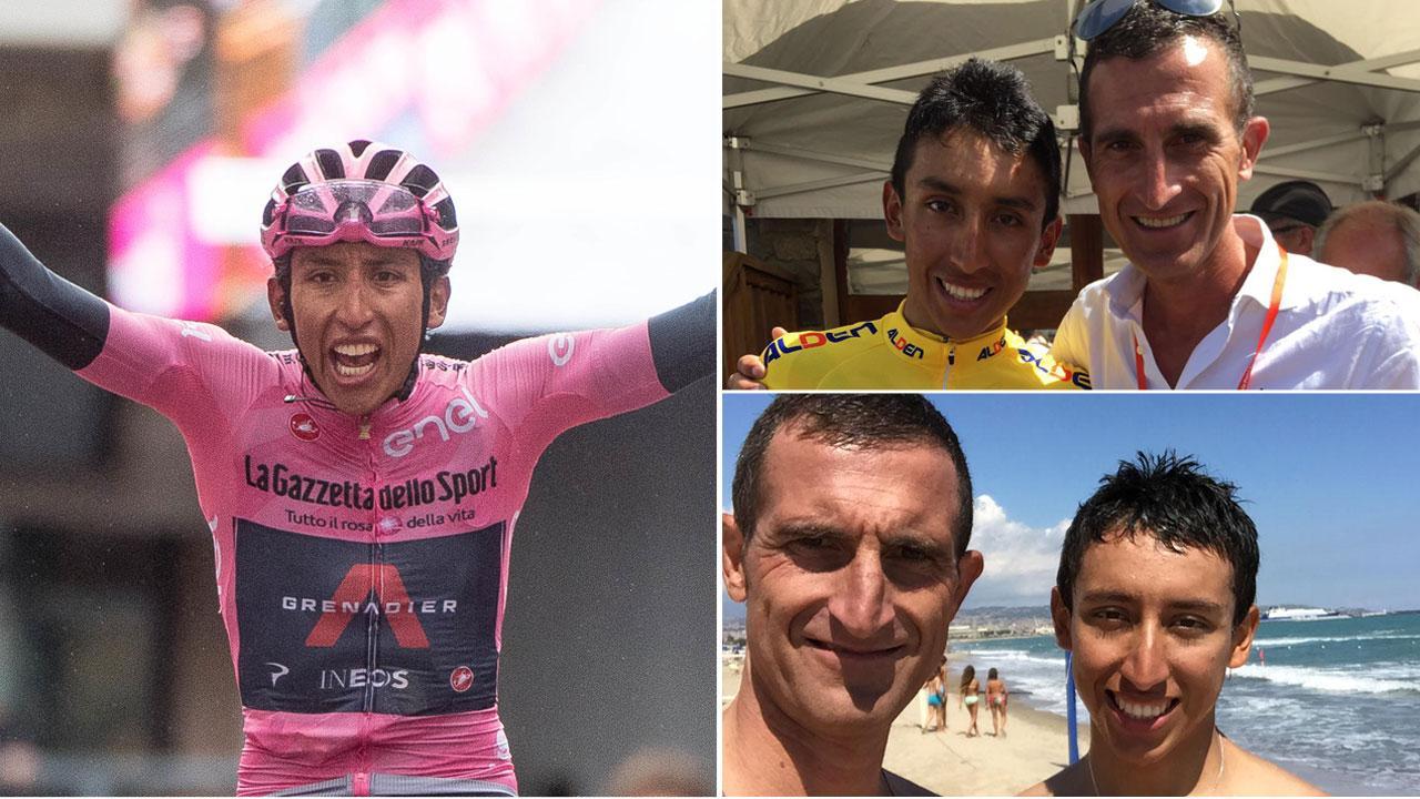 L'esultanza di Egan Bernal in maglia rosa, a destra il vincitore del Giro Insieme con Paolo Alberati