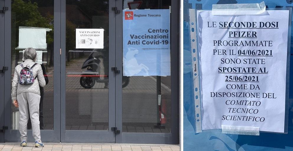L'ingresso del centro vaccinale al cinema Aurelia Antica (foto Bf) e, a destra, il cartello affisso venerdì 4 giugno che avvisa del rinvio dei richiami Pfizer