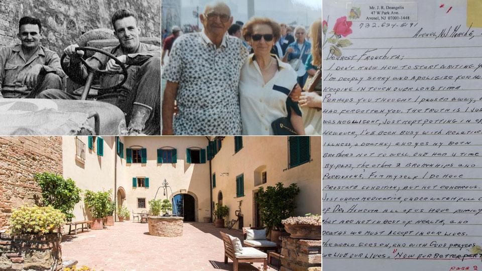 Dall’alto John De Angelis e Franchita Nesti, il soldato (a sinistra) con un compagno. Sotto Il Paluffo e una lettera di John scritta a Franchita