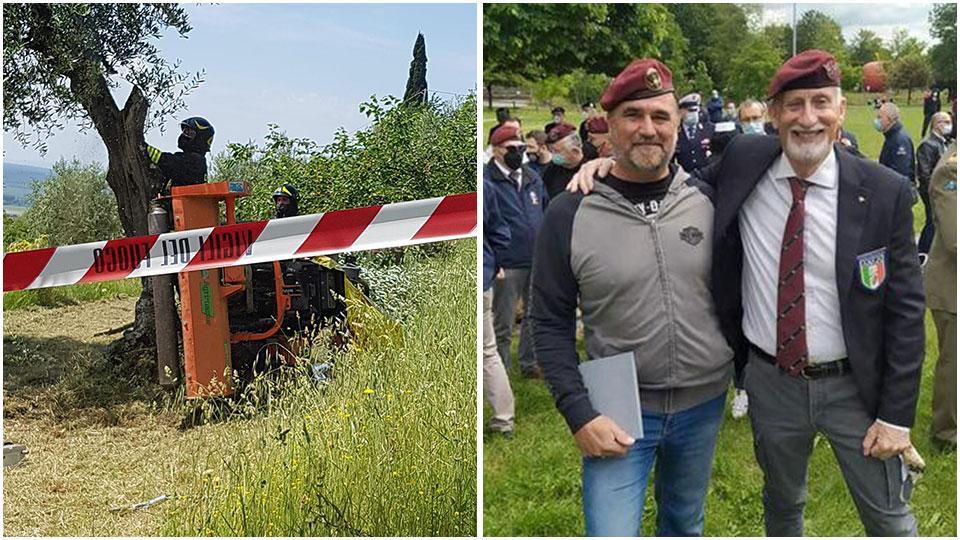 I vigili del fuoco al lavoro per rimuovere il trattore che si è ribaltato a causa del cedimento del ciglio. A fianco (il primo da sinistra) Carmelo Garufi con il suo ex comandante Enrico Pollini