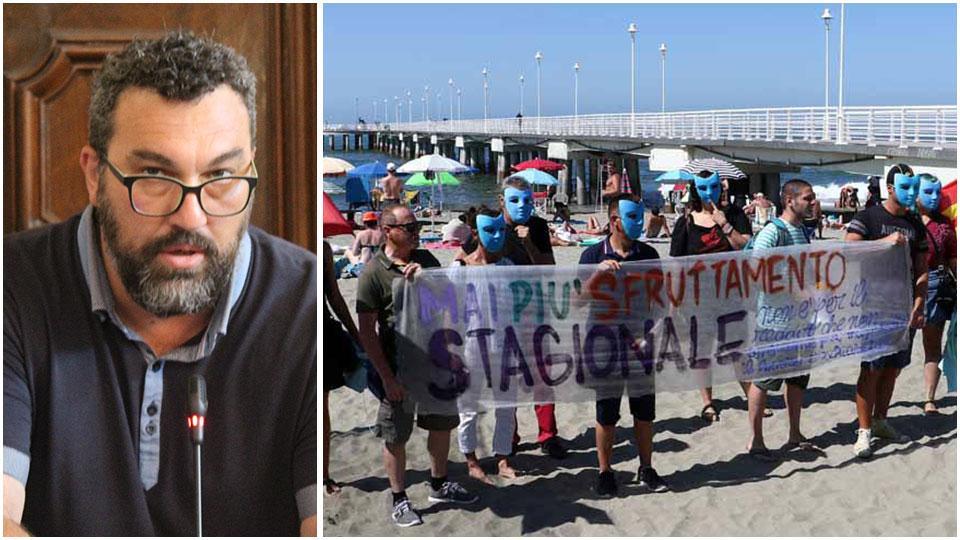Fabrizio Zannotti (cgil) e una protesta di lavoratori stagionali