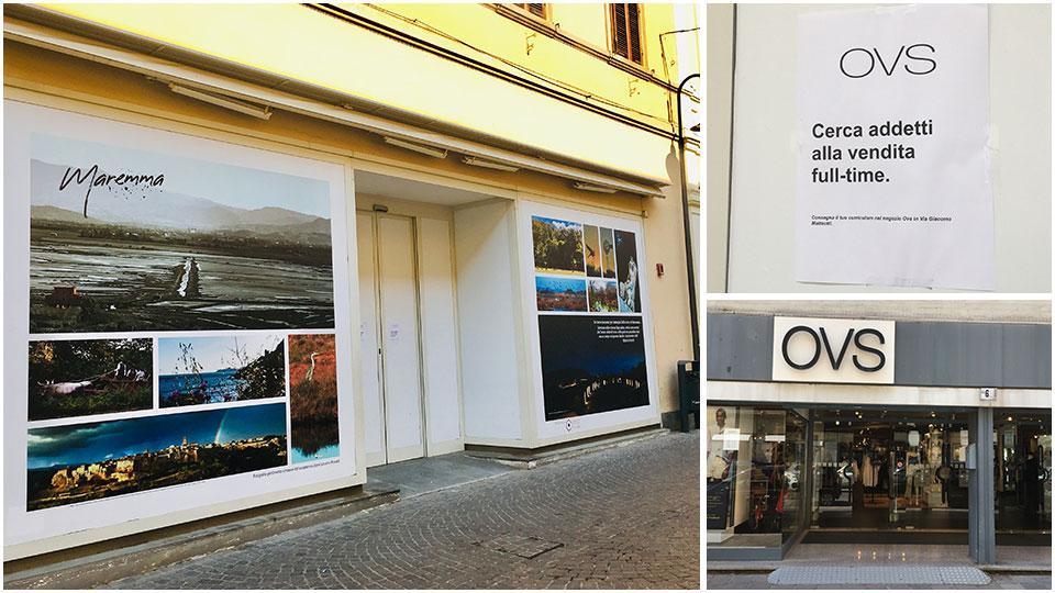 il fondo che fino all’anno scorso era occupato da H&m e dove si trasferirà Ovs nei prossimi mesi, il cartello per la ricerca dipersonale e il negozio in viaMatteotti