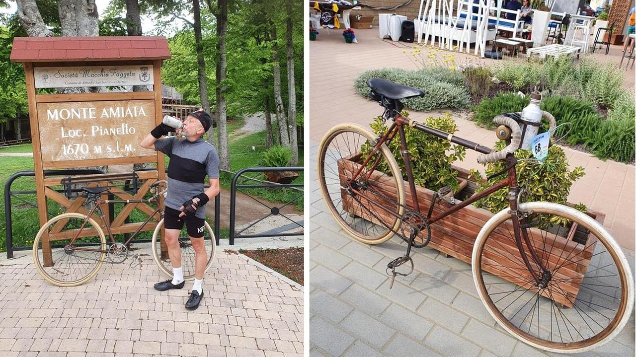Simone Paghi a metà percorso, sull'Amiata, e a destra la sua bici del 1920