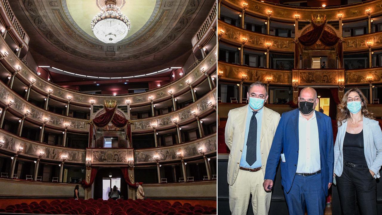 Lo spettacolare colpo d’occhio offerto dal teatro lucchese, nella foto a destra da sinistra Giovanni Del Carlo, Stefano Ragghianti e Serena Mammini (Fotoservizio di Fiorenzo Sernacchioli)