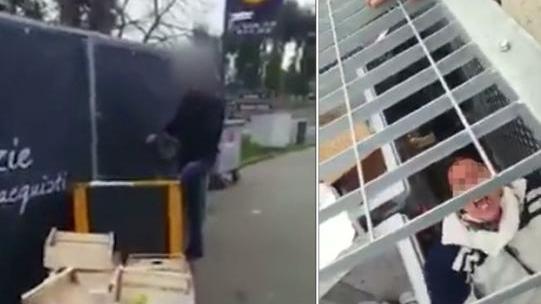 Due fotogrammi tratti dal video ripreso in quella circostanza: il gabbiotto dei rifiuti e la donna che urla dall’interno