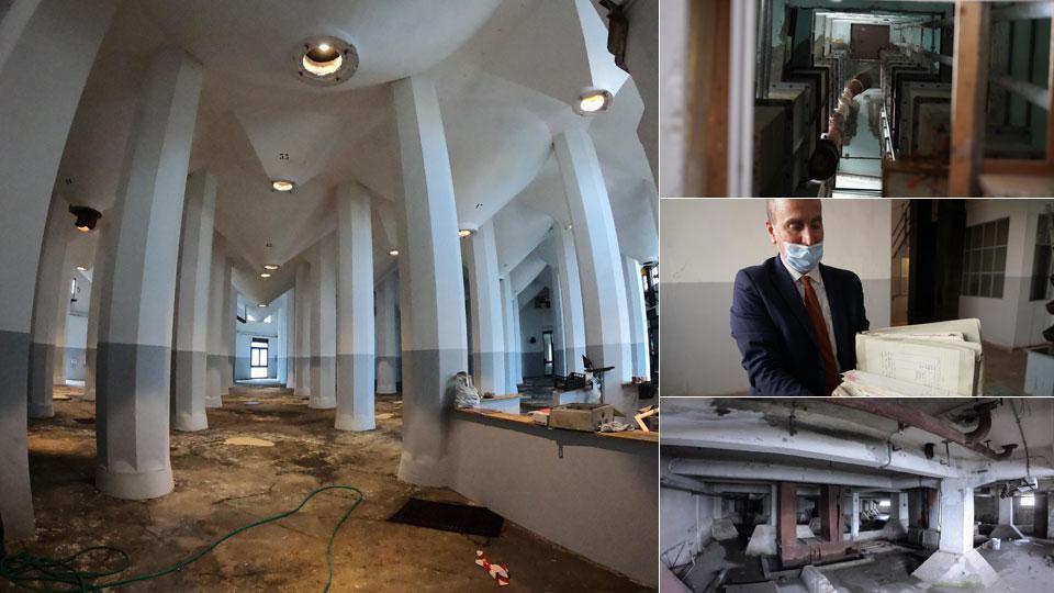 L’interno al piano terra. A destra: il nastro trasportatore, Riposati mostra vecchi documenti, i sotterranei (fotoservizio franco Silvi)
