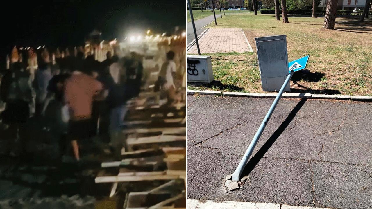 Gruppi di giovani che corrono verso il mare, nella serata di caos e il cartello divelto a Gorarella