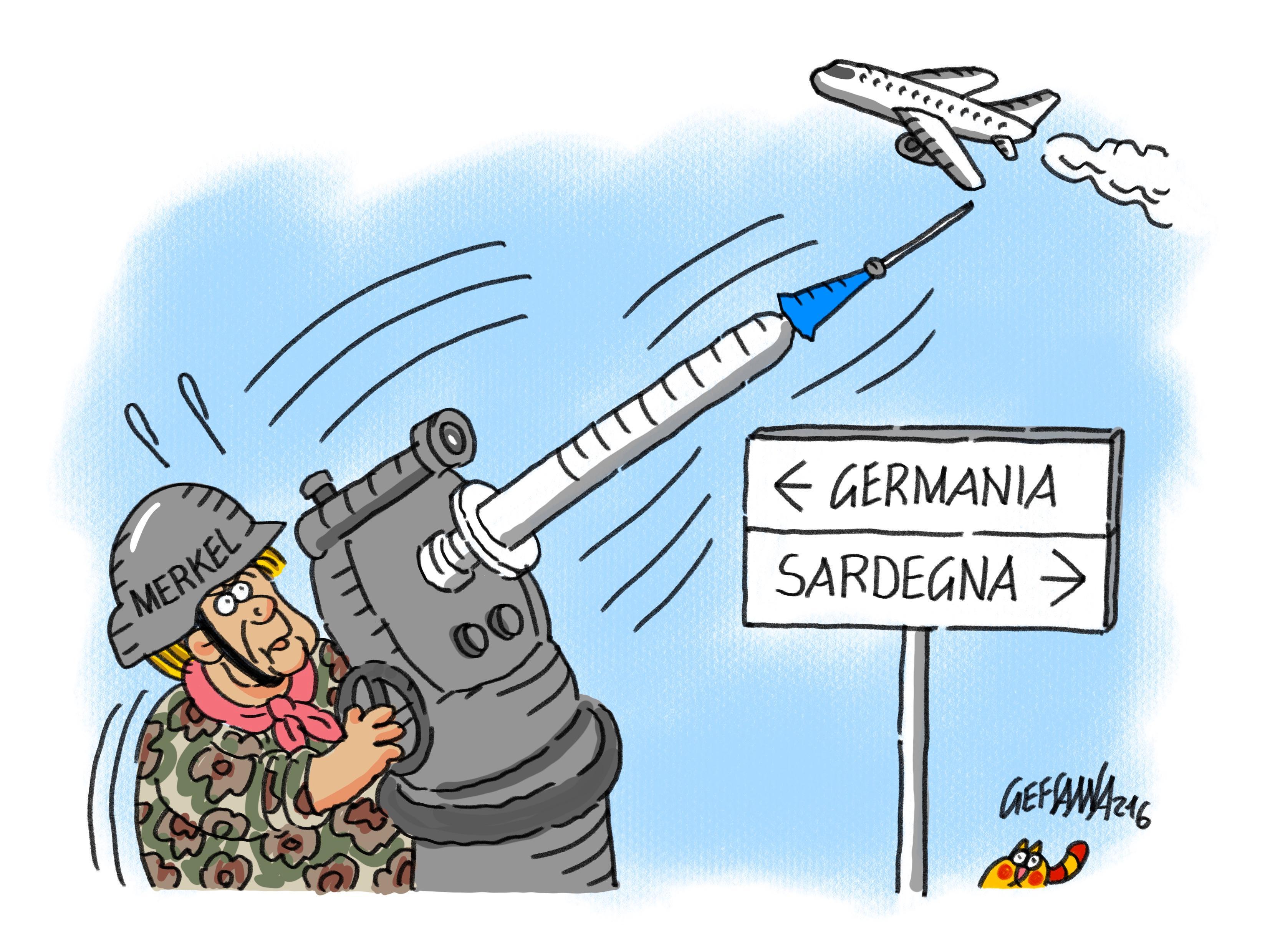 La vignetta di Gef: dipendenti del Forte Village in Germania per vaccinarsi, è polemica