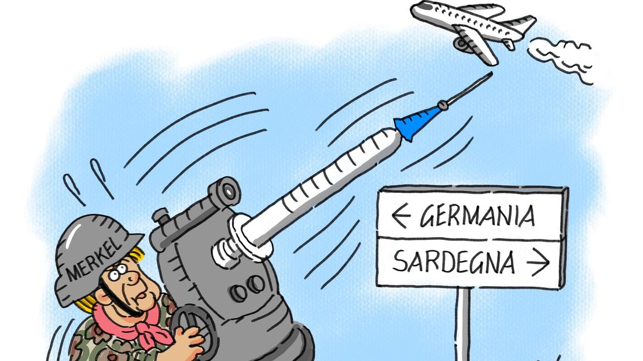 La vignetta di Gef: dipendenti del Forte Village in Germania per vaccinarsi, è polemica