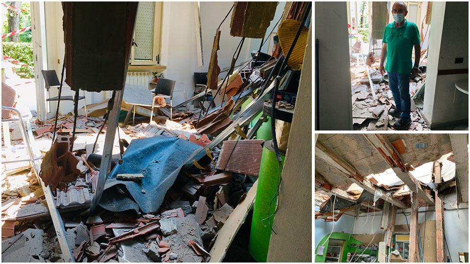 Il locale del Centro anziani adibito a bar e completamente distrutto dal crollo del tetto, Alberto Stacchini, il “barista” volontario di 76 anni tra le macerie e il cedimento della copertura