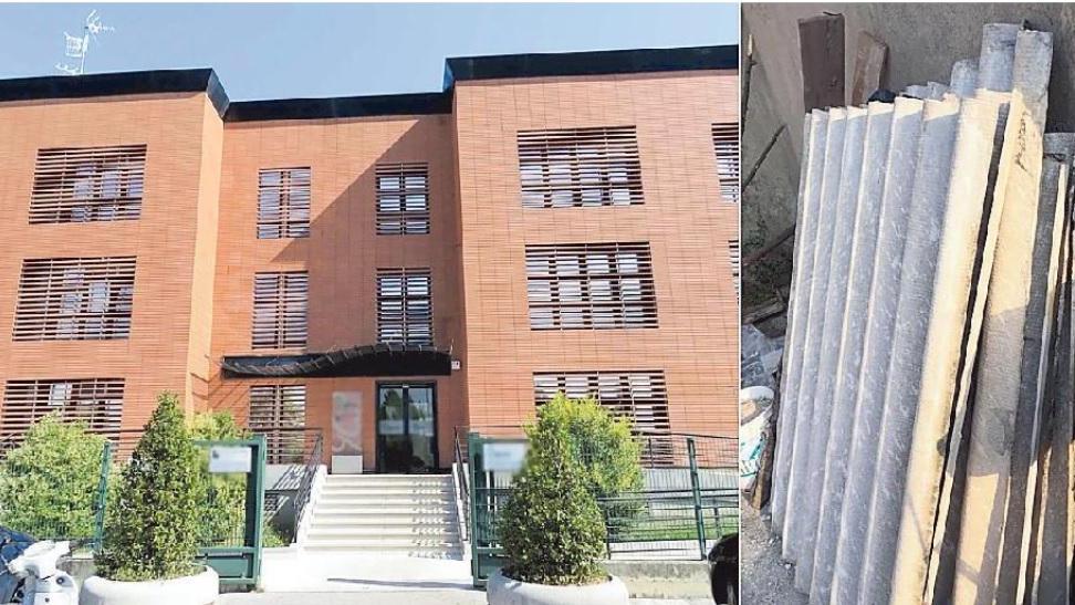 A sinistra, la sede di Alia in via Paronese. A destra, i nove pannelli di eternit da smaltire