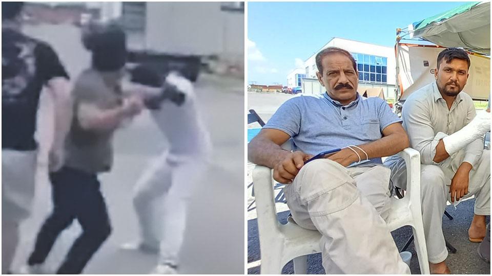 Un momento dell’aggressione (dal video) e uno degli operai aggrediti con il braccio ingessato