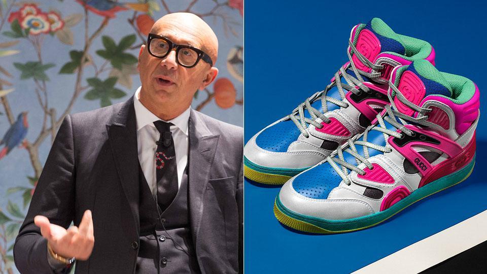 Il presidente e amministratore delegato Marco Bizzarri, a destra modello di scarpa da ginnastica di Gucci realizzate con il nuovo prodotto Gucci “Demetra”