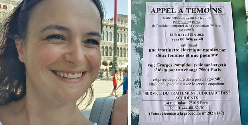 Miriam Segato e, a destra, l'appello della polizia francese a eventuali testimoni