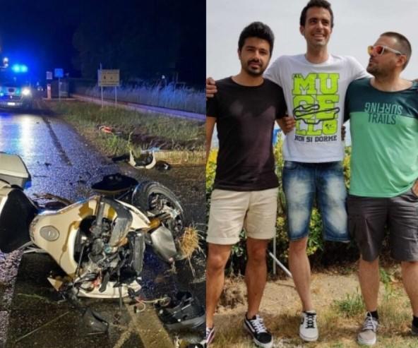 A sinistra l'incidente. A destra Giulio Bernini abbraccia due amici