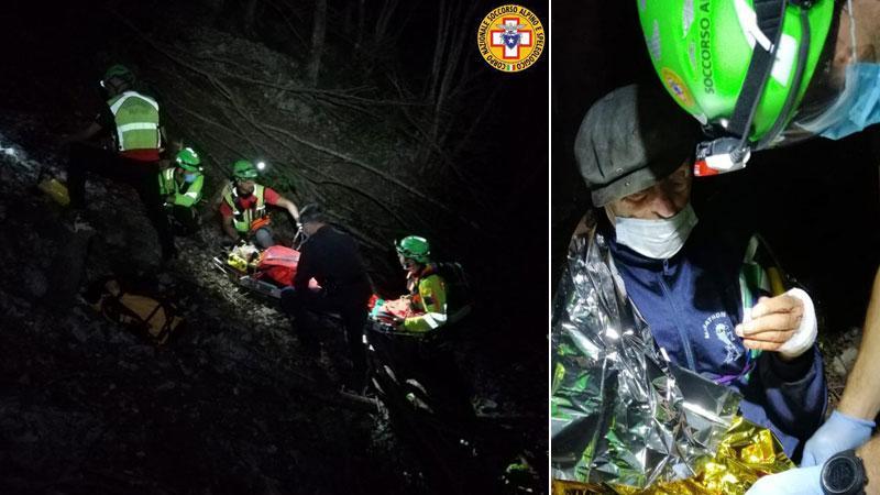 La squadra del Soccorso alpino speleologico porta l’anziano verso l’elicottero. I primi soccorsi a Luciano Tarquini