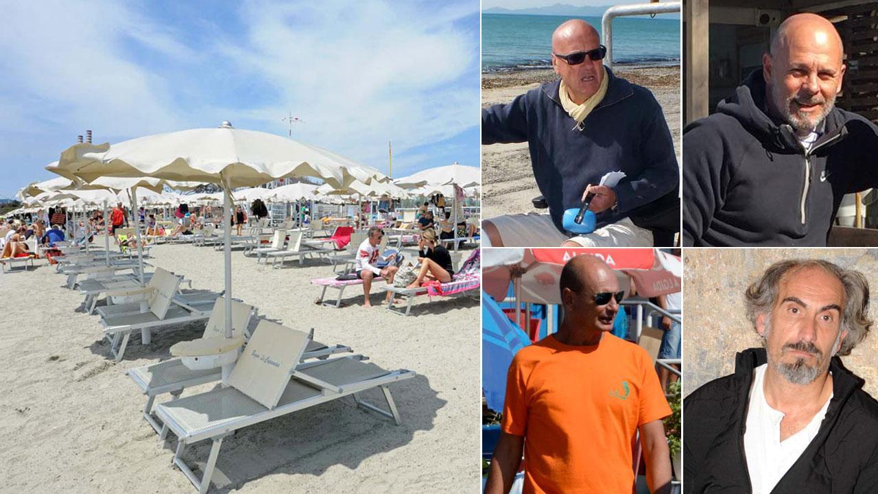 Uno stabilimento balneare (foto Pabar), a destra in senso orario dall'alto Fabrizio Lotti, Riccardo Parrini, Giuliano Parodi e Paolo Caramante