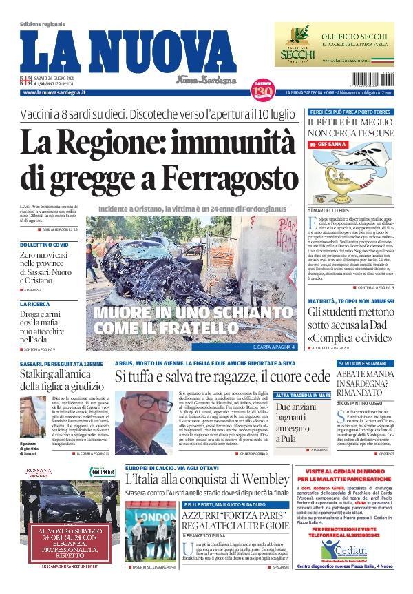 La Nuova Sardegna - Prima Pagina - 26 giugno 2021