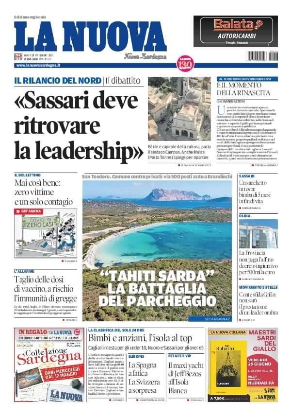 La Nuova Sardegna - Prima Pagina - 29 giugno 2021
