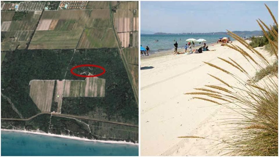 Sopra cerchiata in rosso la parte del bosco su cui è previsto il nuovo insediamento turistico ricettivo nel parco naturale costiero della Sterpaia, a destra una veduta della spiaggia