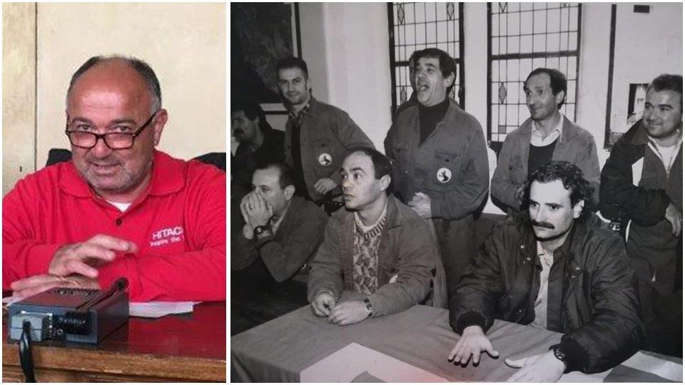 Enrico Baldi alcuni anni fa sui banchi del consiglio comunale in veste di consigliere del Pd e Baldi (primo in piedi da destra) con alcuni colleghi di lavoro durante una riunione in una foto scattata negli anni ’90 da Lorenzo Gori