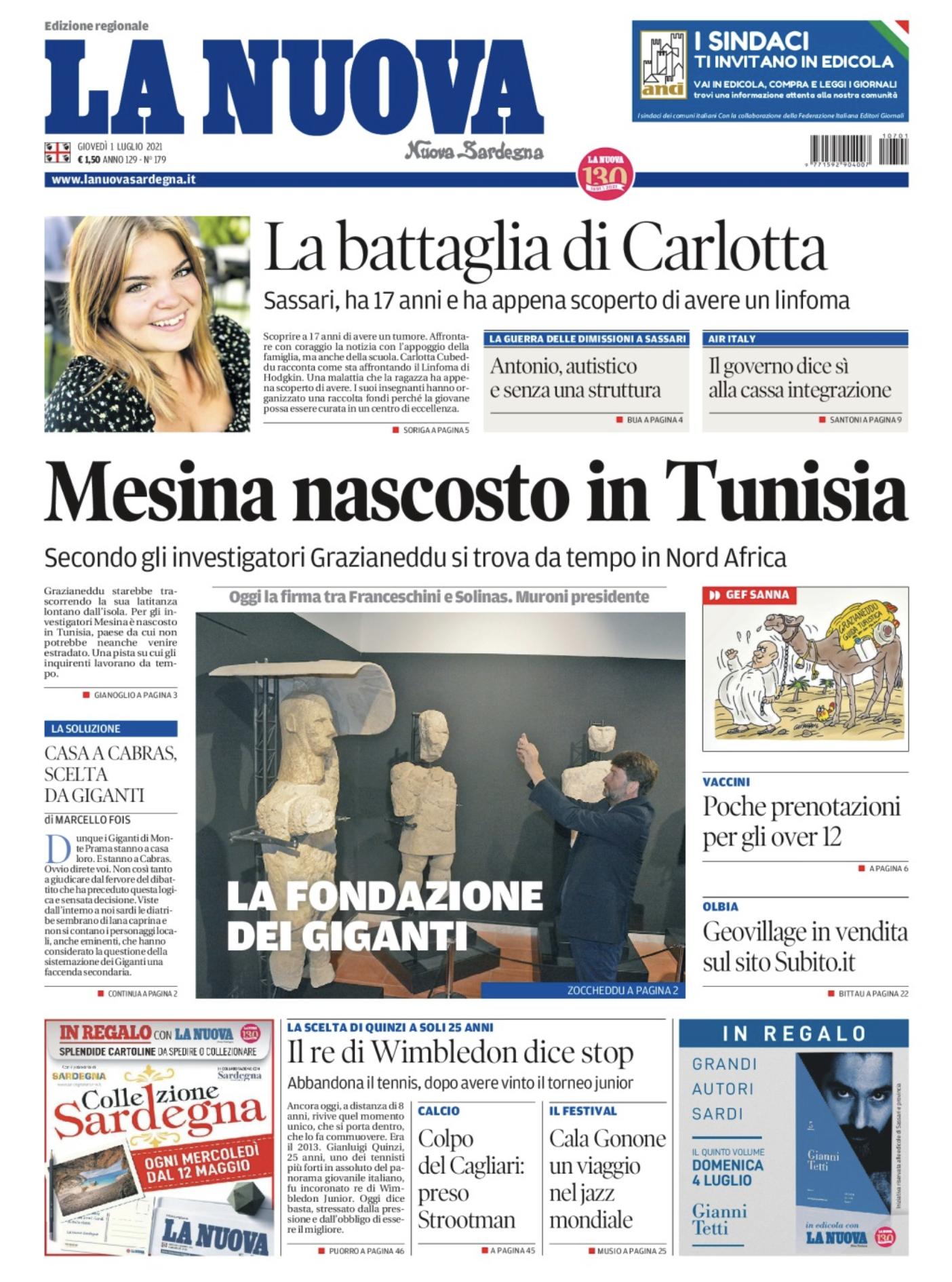 La Nuova Sardegna - Prima Pagina - 1 luglio 2021