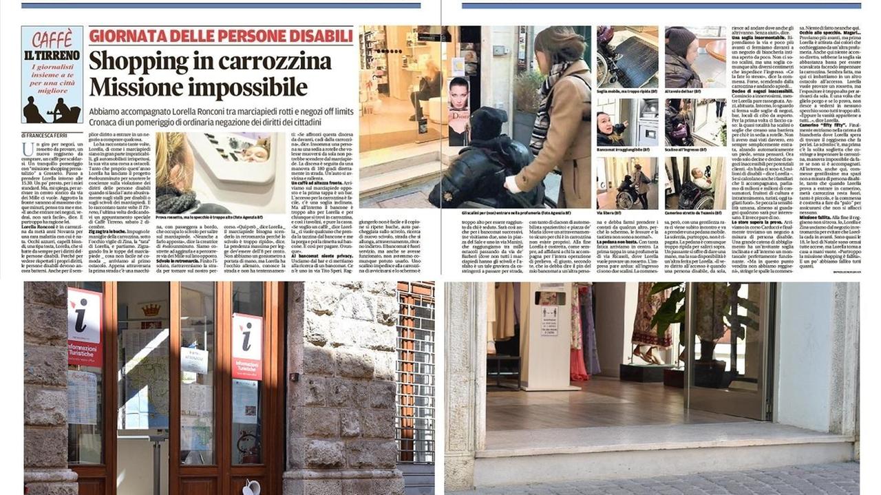 In alto il servizio che Il Tirreno ha realizzato nel dicembre 2017 per documentare le difficoltà di accesso ai negozi per chi è in carrozzina. Sotto due esempi di soglia inaccessibile in corso Carducci a Grosseto (foto Agenzia Bf)