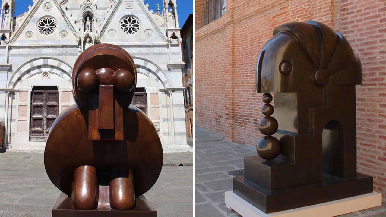 A sinistra una delle opere alla Chiesa della Spina a destra l’installazione al Museo delle navi antiche