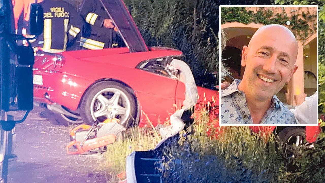 La Ferrari dell’imprenditore dopo il tragico incidente. Nel riquadro la vittima Giulio Braghieri