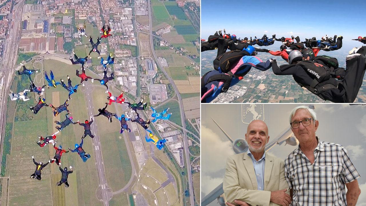 A sinistra una delle tre figure realizzate per il record italiano. A destra, in alto, un momento del volo, sotto Fazzi (a sinistra) con Amoretti (Foto Bf)