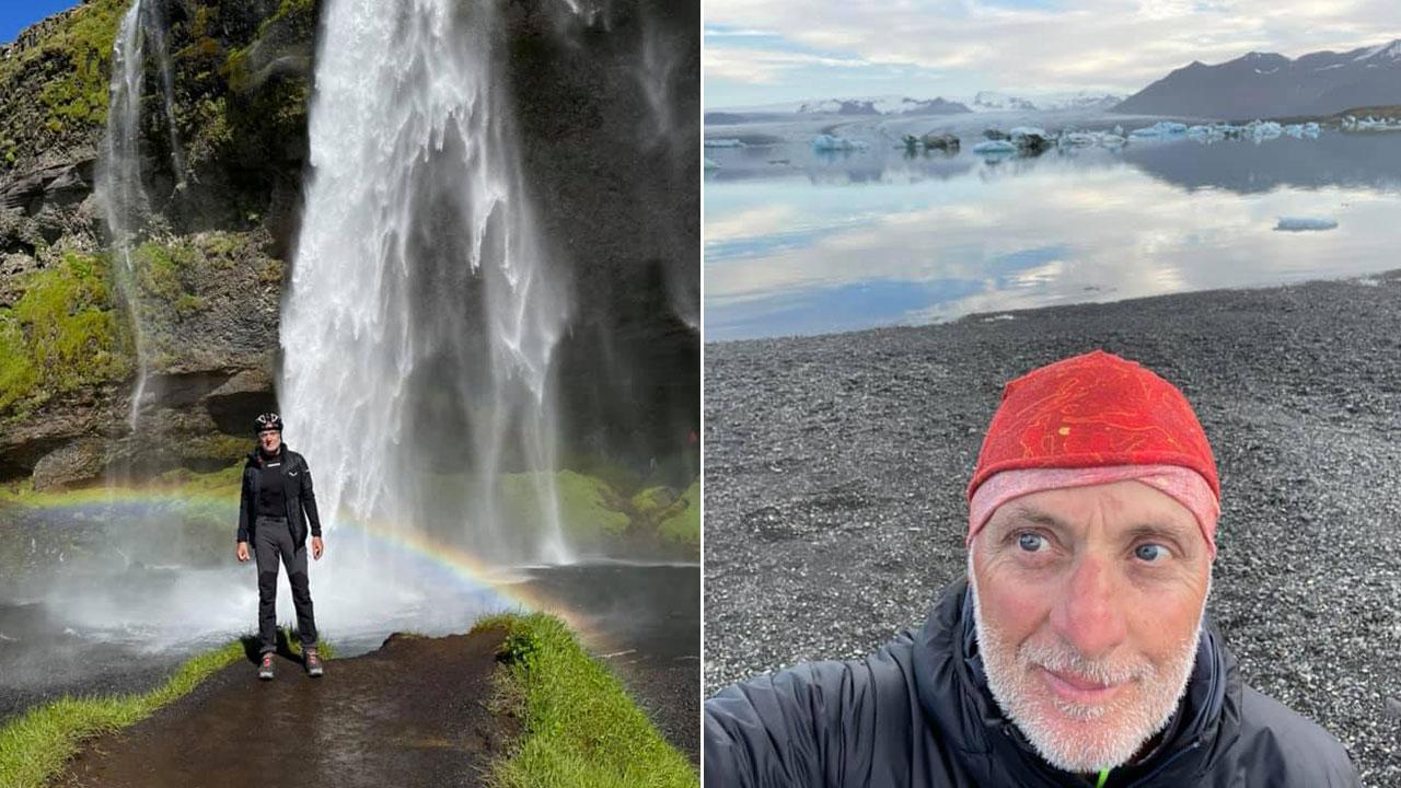 Un suggestivo scatto del professor Carlo Pellegrini in Islanda a destra Pellegrini con le bellezze della natura islandese sullo sfondo