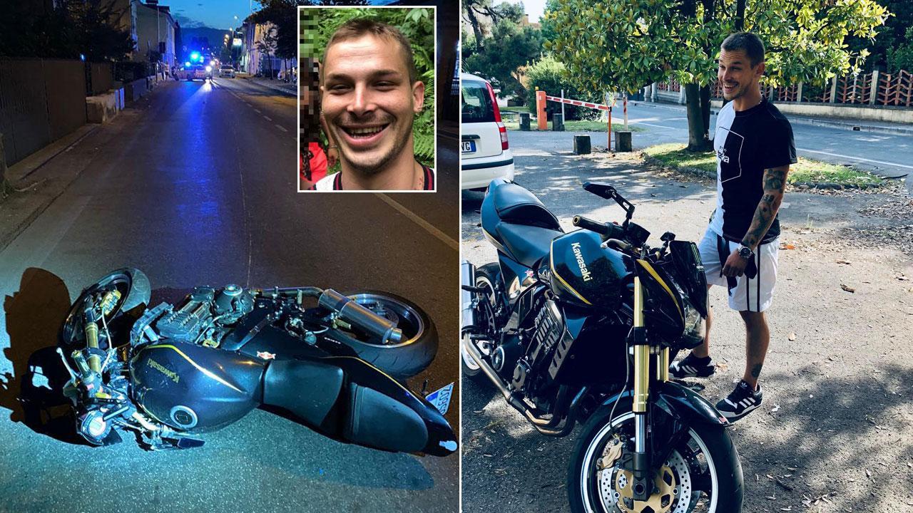 La moto del giovane magazziniere che, dopo aver strisciato sull’asfalto, si è fermata ad oltre cento metri di distanza dal punto in cui ha travolto il pedone che stava attraversando sulle strisce pedonali, che si trova dove sono visibili i lampeggianti dei mezzi di soccorso. Nell’altra foto, il 29enne magazziniere George Drideanu accanto alla sua Kawasaki in un momento di spensieratezza