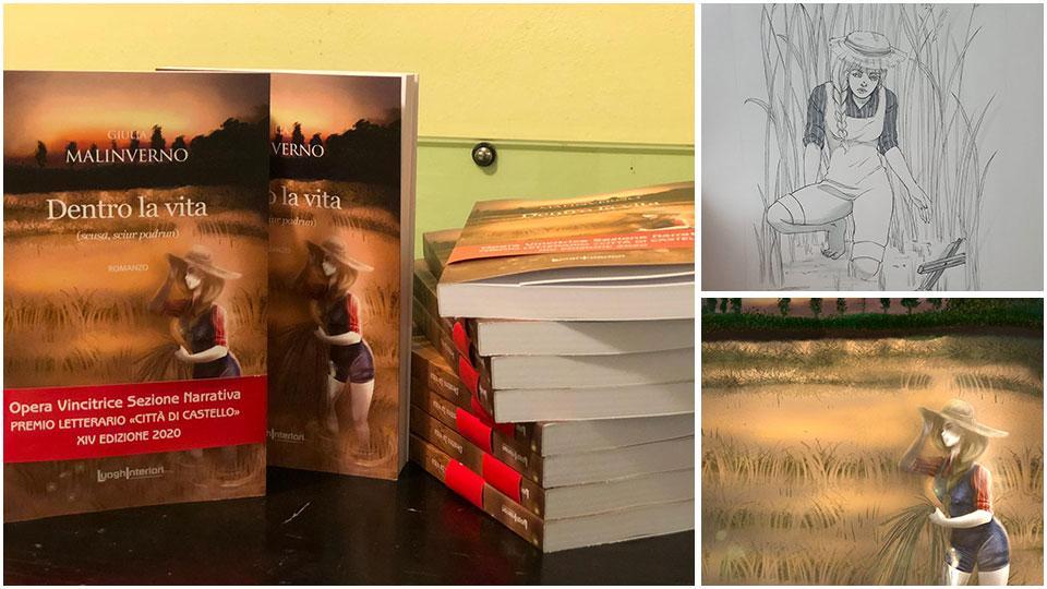 Nella foto grande, l’opera di Chiara Rizziello che è diventata la copertina del libro, in alto un altro disegno e sotto il libro di Giulia Malinverno