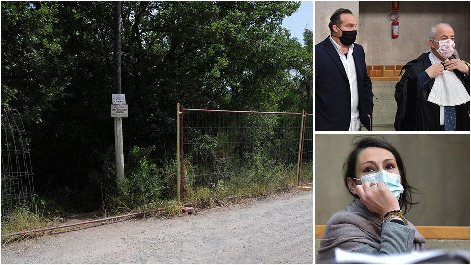 Il bosco dov’è avvenuto l’omicidio al Filare di Gavorrano. Sopra a destra Mirko Meozzi con l’avvocato Roberto Cerboni, sotto Sonia Santi