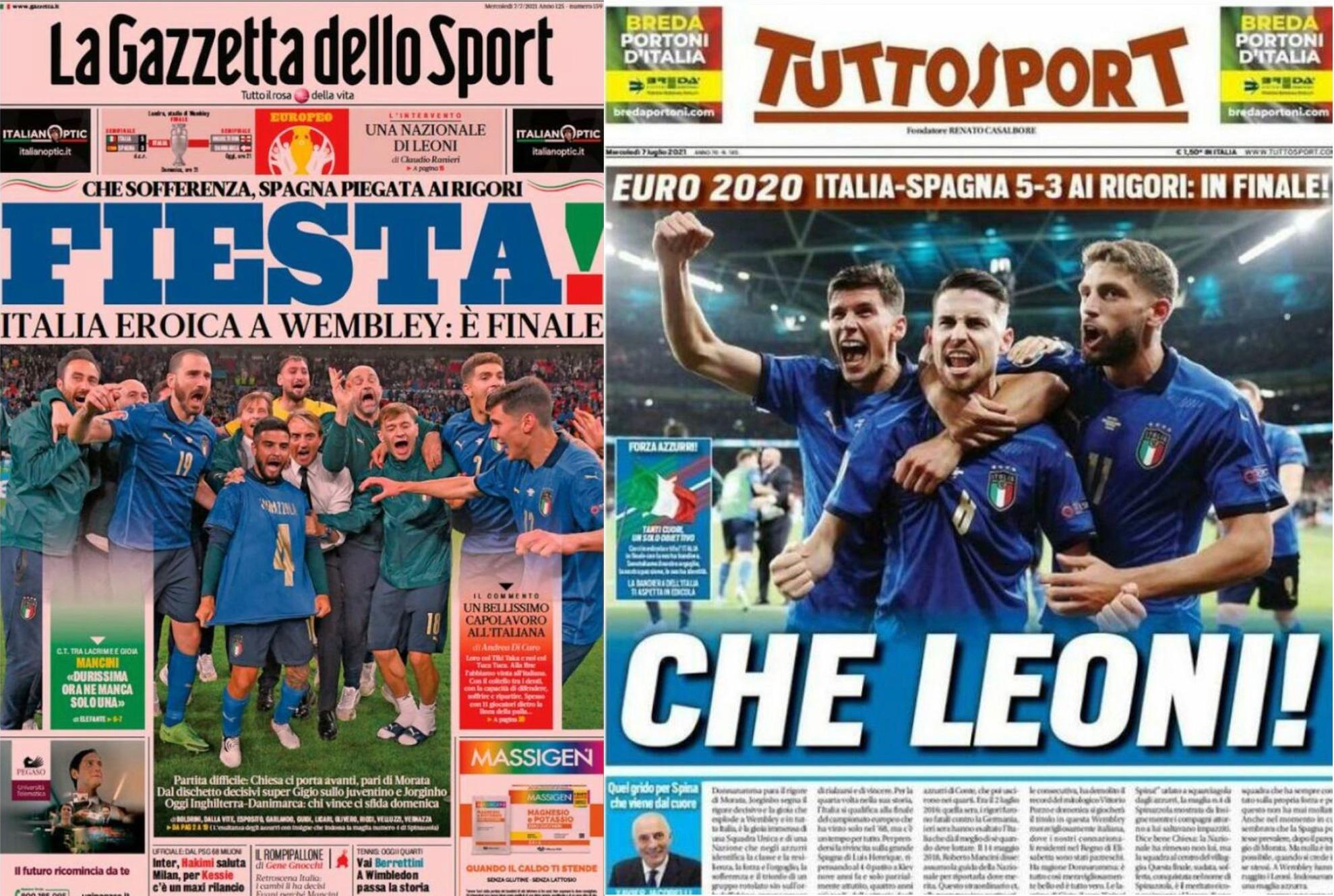 L'Italia batte la Spagna ai rigori e vola in finale: le prime pagine dei quotidiani