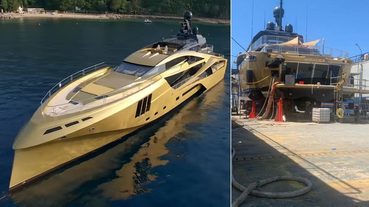 Lo yacht Khalilah, 48 metri e nella foto a destra lo “yacht d’oro” nel cantiere di Gestione Bacini a Livorno