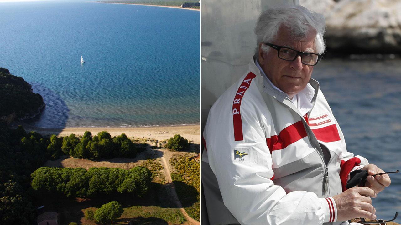La spiaggia di Cala di Forno. Gli appartamenti sono alle sue spalle e Patrizio Bertelli (Ansa/Stringer)
