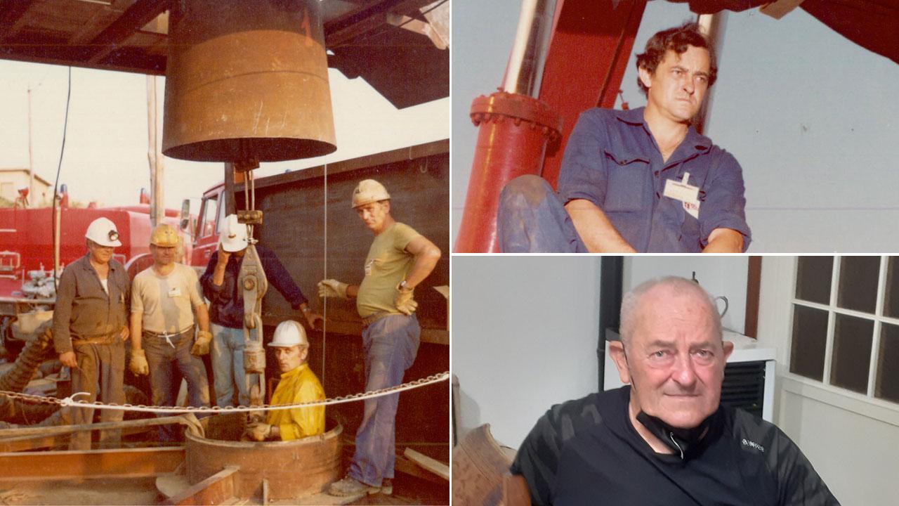 Alberto Torresi oggi e sopra al lavoro all'argano a Vermicino; a sinistra alcuni dei minatori di Gavorrano durante il recupero
