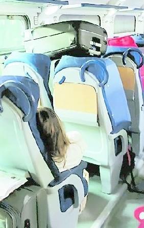 In treno sulla Orobica con le valigia sul sedile 